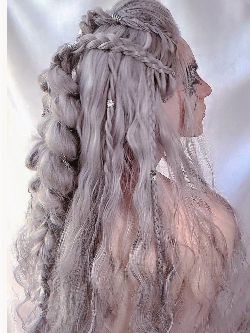 Viking elf women’s wig Silver Lace Long Wavy Braided beaded